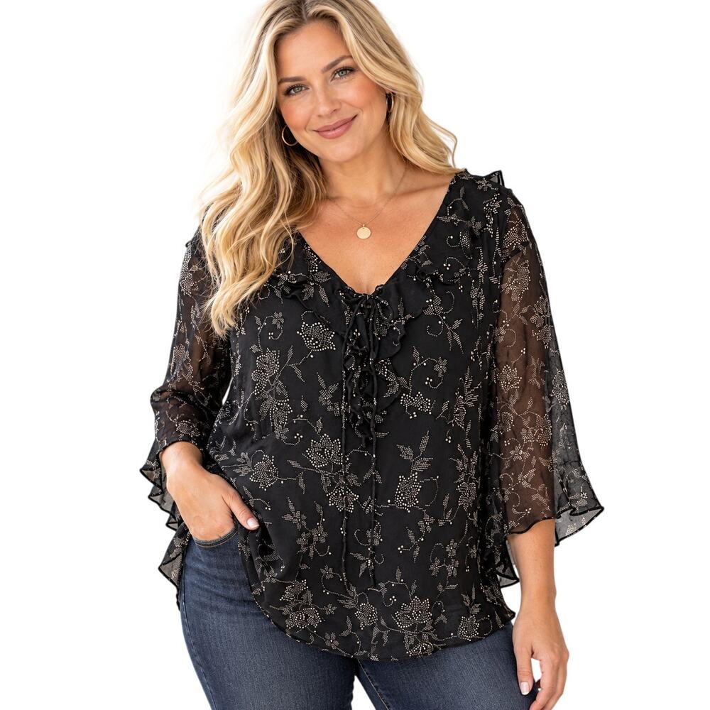 Avenue Floral Silk Top Womens Size 30/32 Black Tan Ruffle Lace Up Feminine 5X